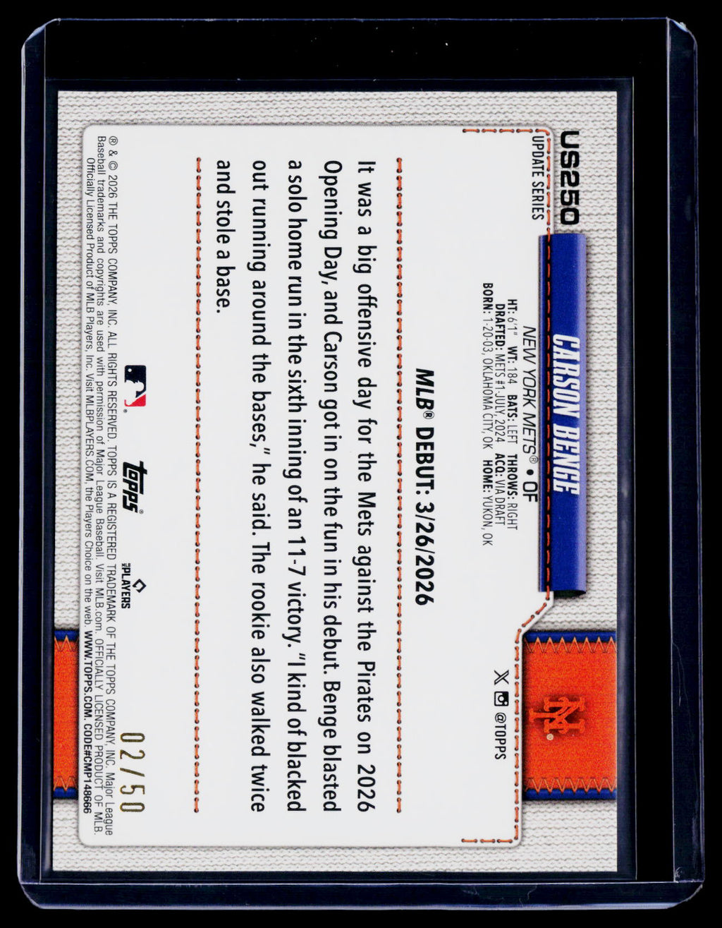 2026 Topps Update Carson Benge Rookie Gold Sand Glitter 2/50 RC