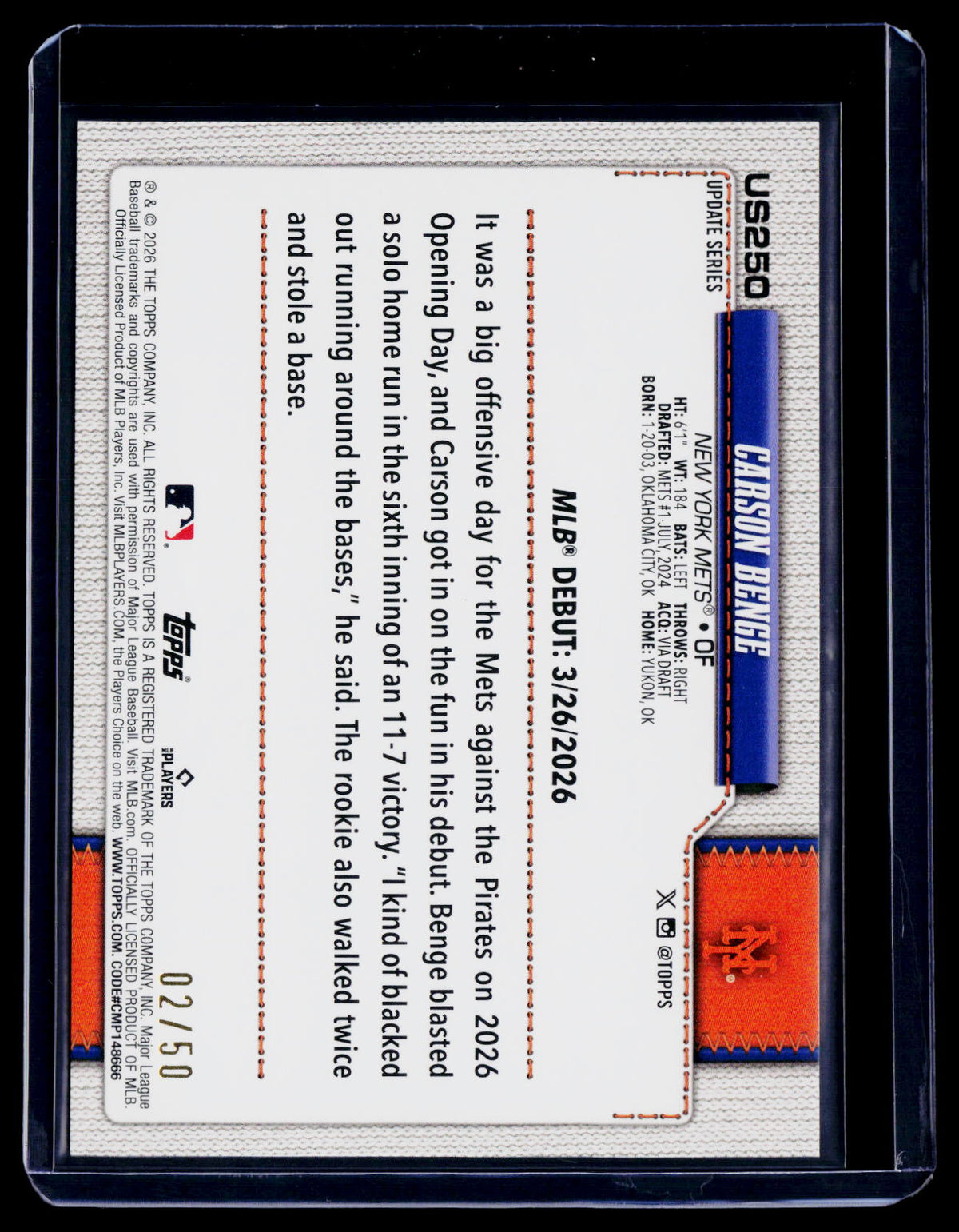 2026 Topps Update Carson Benge Rookie Gold Sand Glitter 2/50 RC