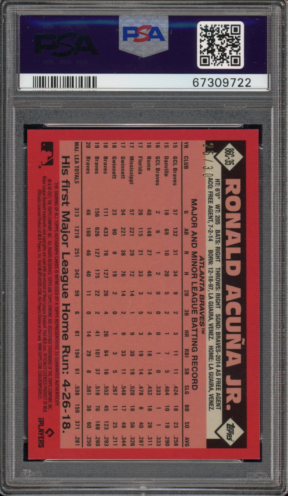 2021 Topps Silver Pack Ronald Acuna Jr. Update Auto 25/30 PSA 9