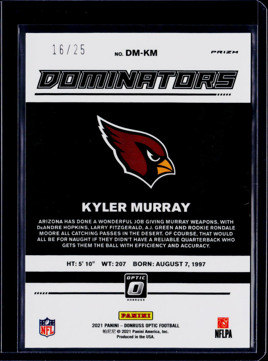 2021 Donruss Optic Kyler Murray Dominators Black Pandora /25
