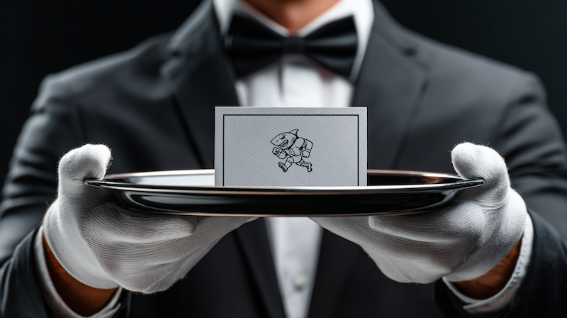 Butler holding a black tray with a card featuring the Freddy logo