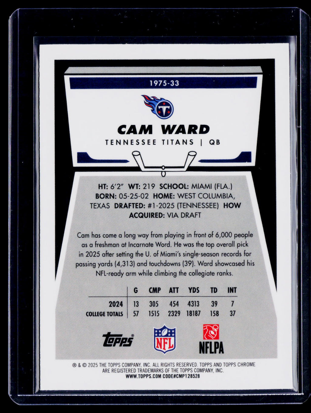 2025 Topps Chrome Cam Ward Rookie Geen Refractor Titans 91/99 RC