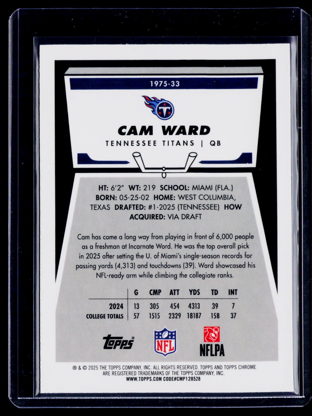 2025 Topps Chrome Cam Ward Rookie Geen Refractor Titans 91/99 RC