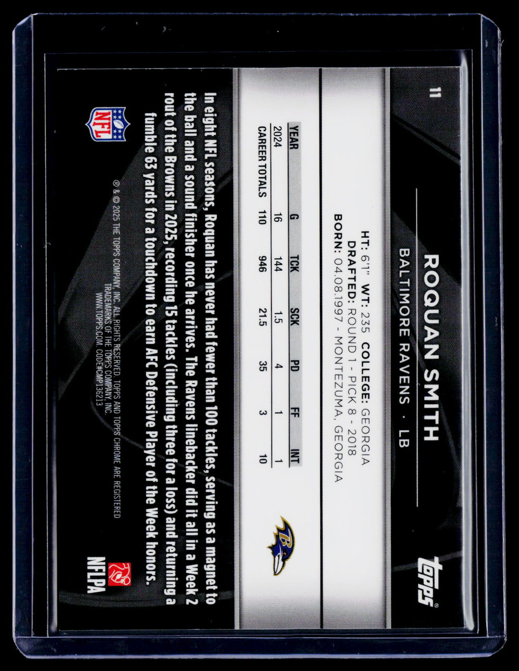 2025 Topps Chrome Black Roquan Smith Orange Refractor 8/25
