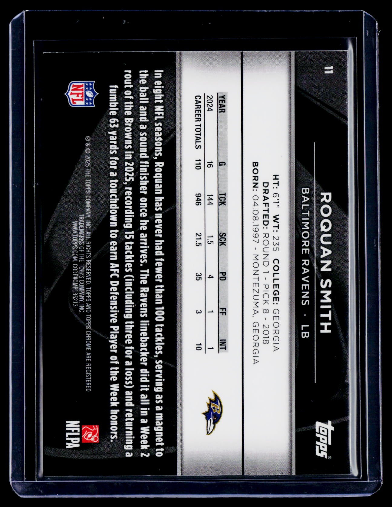 2025 Topps Chrome Black Roquan Smith Orange Refractor 8/25