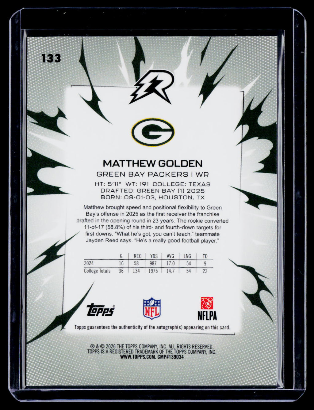 2025 Topps Resurgence Matthew Golden Rookie Silver Surge Auto RC