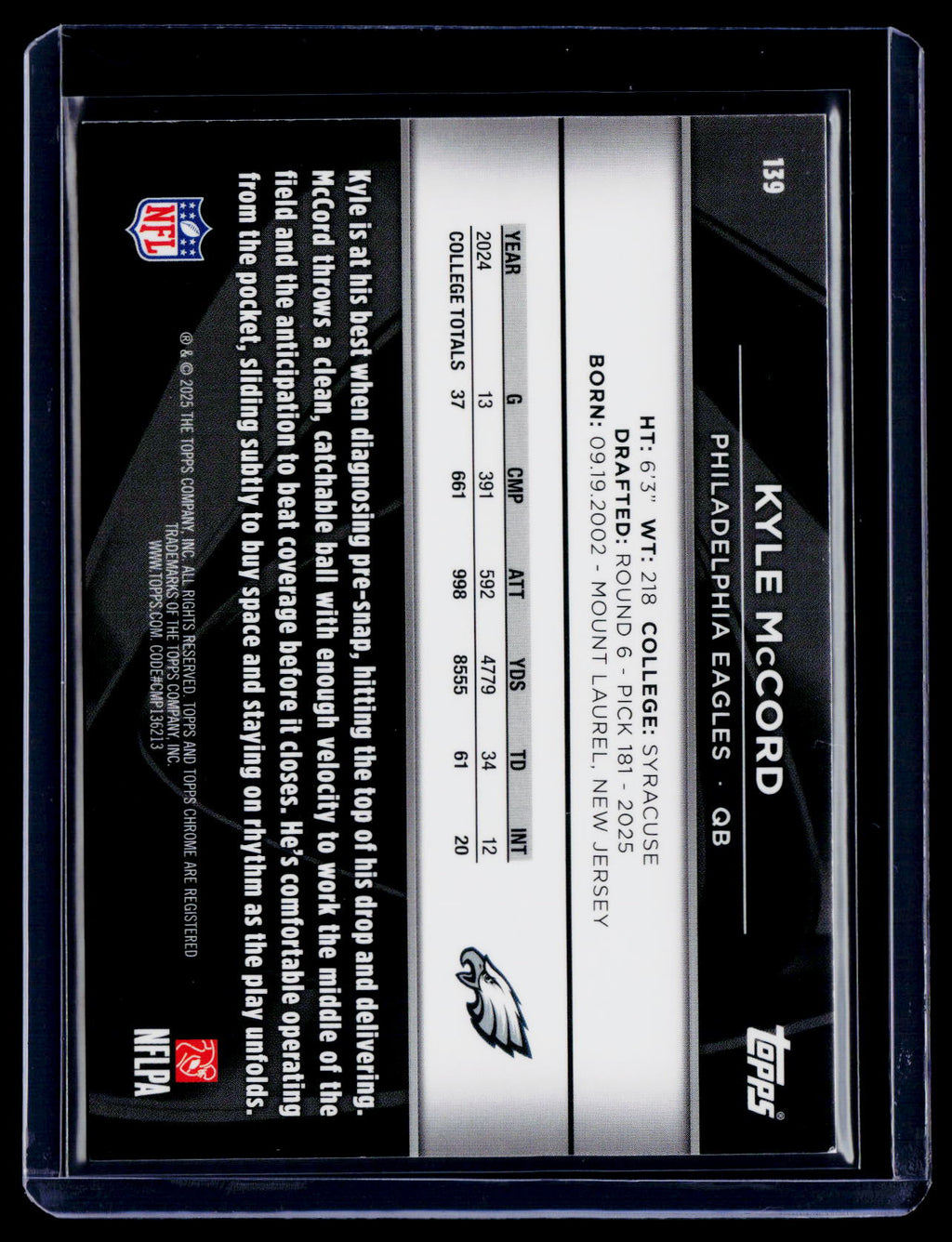 2025 Topps Chrome Black Kyle McCord Rookie Green Wave 60/99 RC