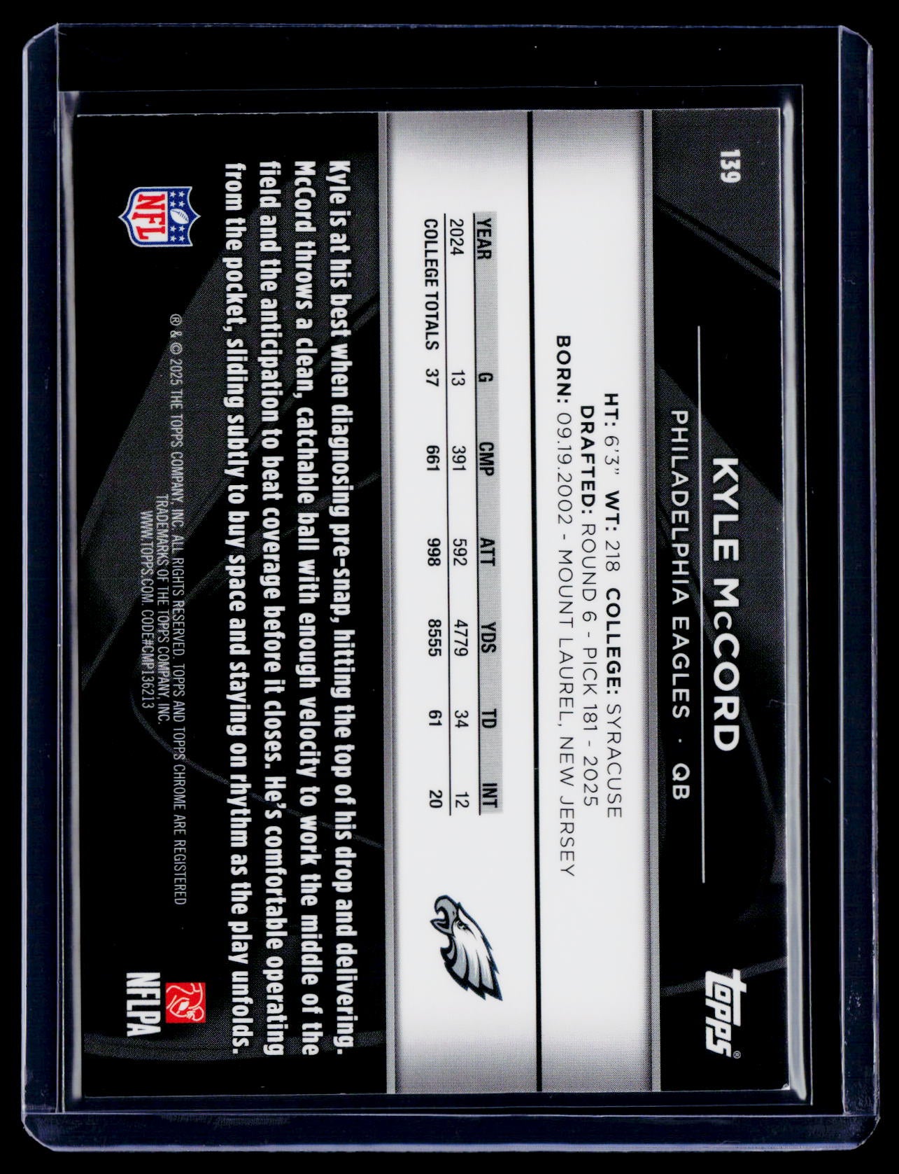 2025 Topps Chrome Black Kyle McCord Rookie Green Wave 60/99 RC
