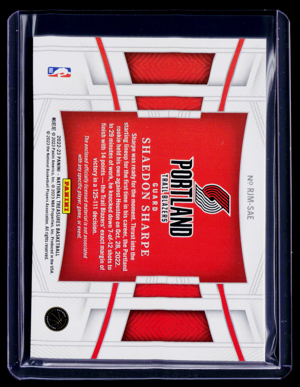 2022 National Treasures Shaedon Sharpe Rookie Jumbo Patch 60/99