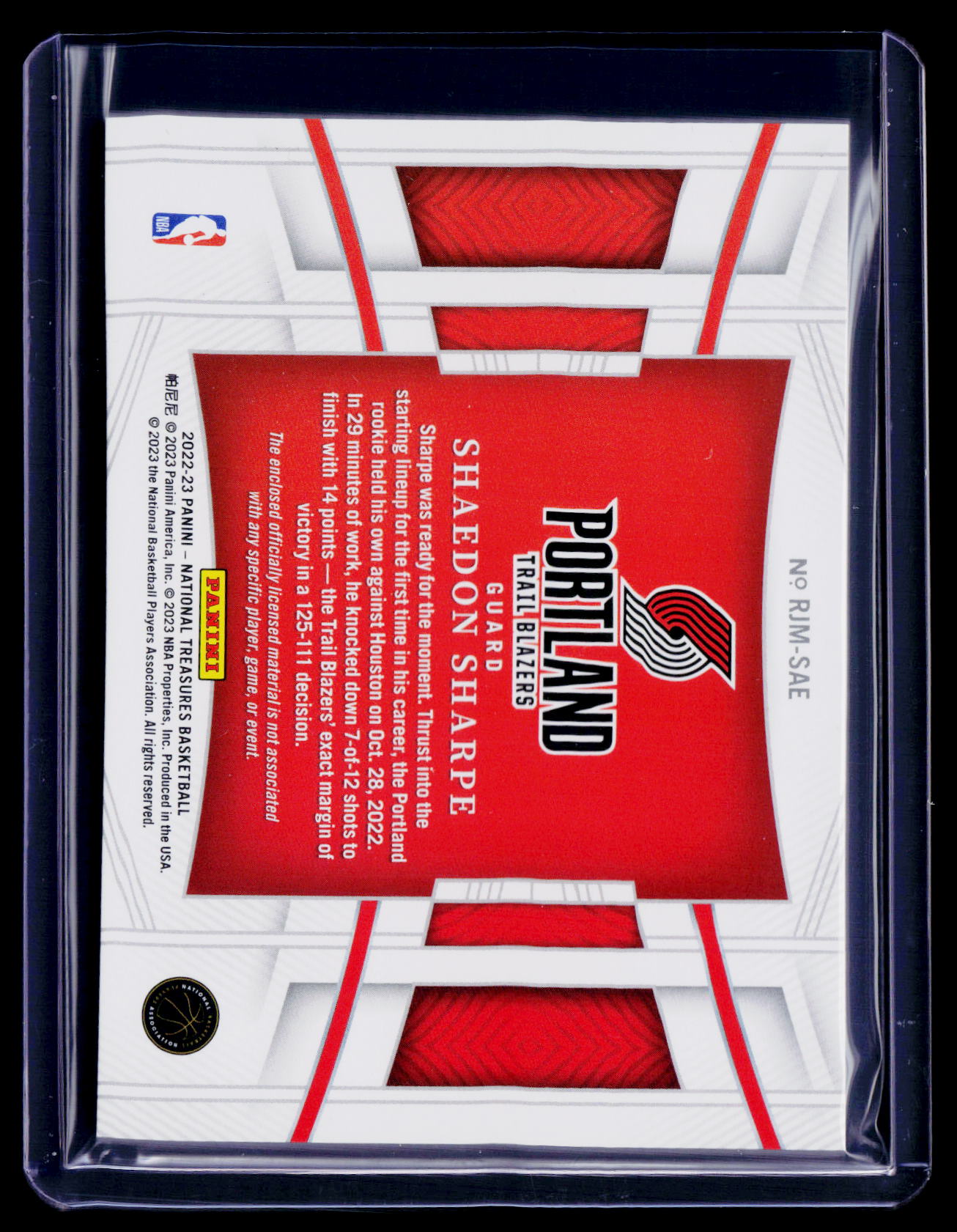 2022 National Treasures Shaedon Sharpe Rookie Jumbo Patch 60/99