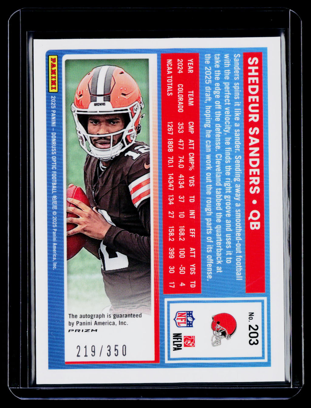 2025 Donruss Optic Shedeur Sanders Rookie Auto 219/350 RC