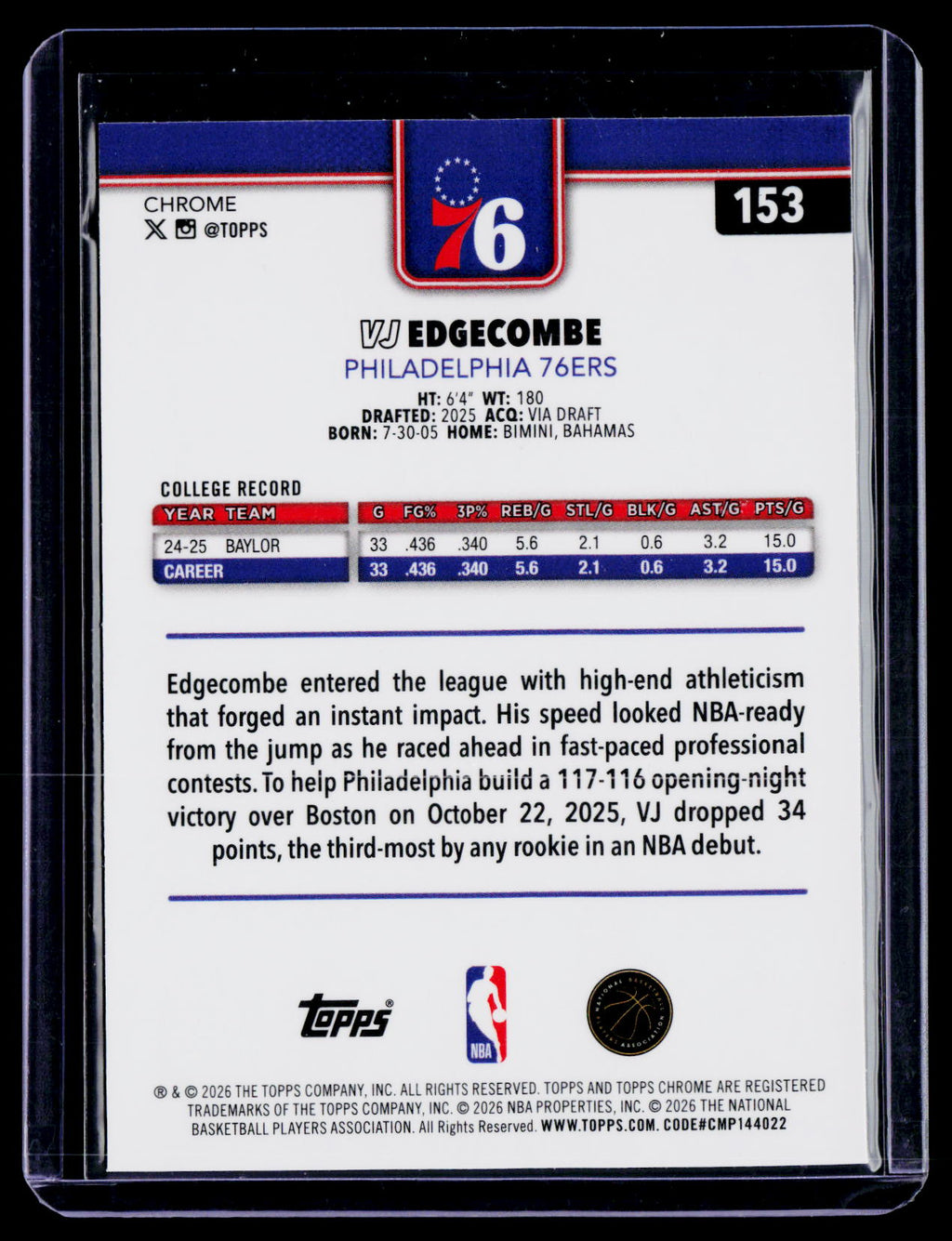 2025-26 Topps Chrome Update VJ Edgecombe Rookie Variation RC