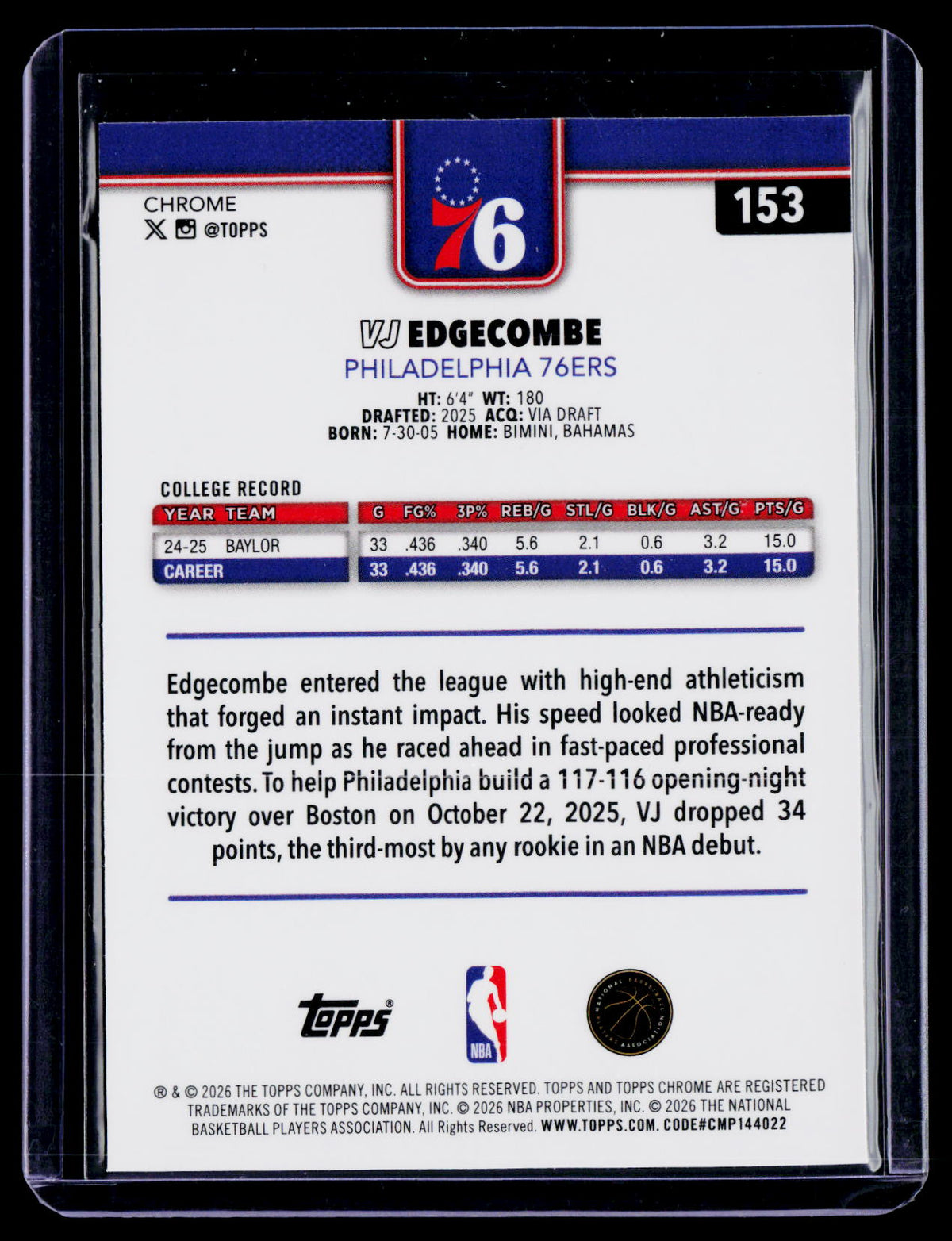 2025-26 Topps Chrome Update VJ Edgecombe Rookie Variation RC