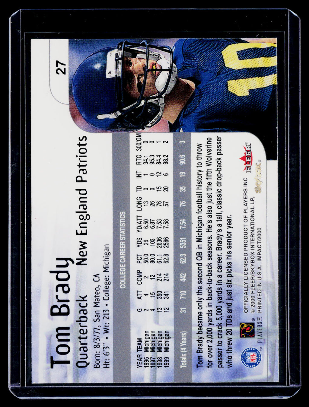 2000 Skybox Impact Tom Brady Rookie RC