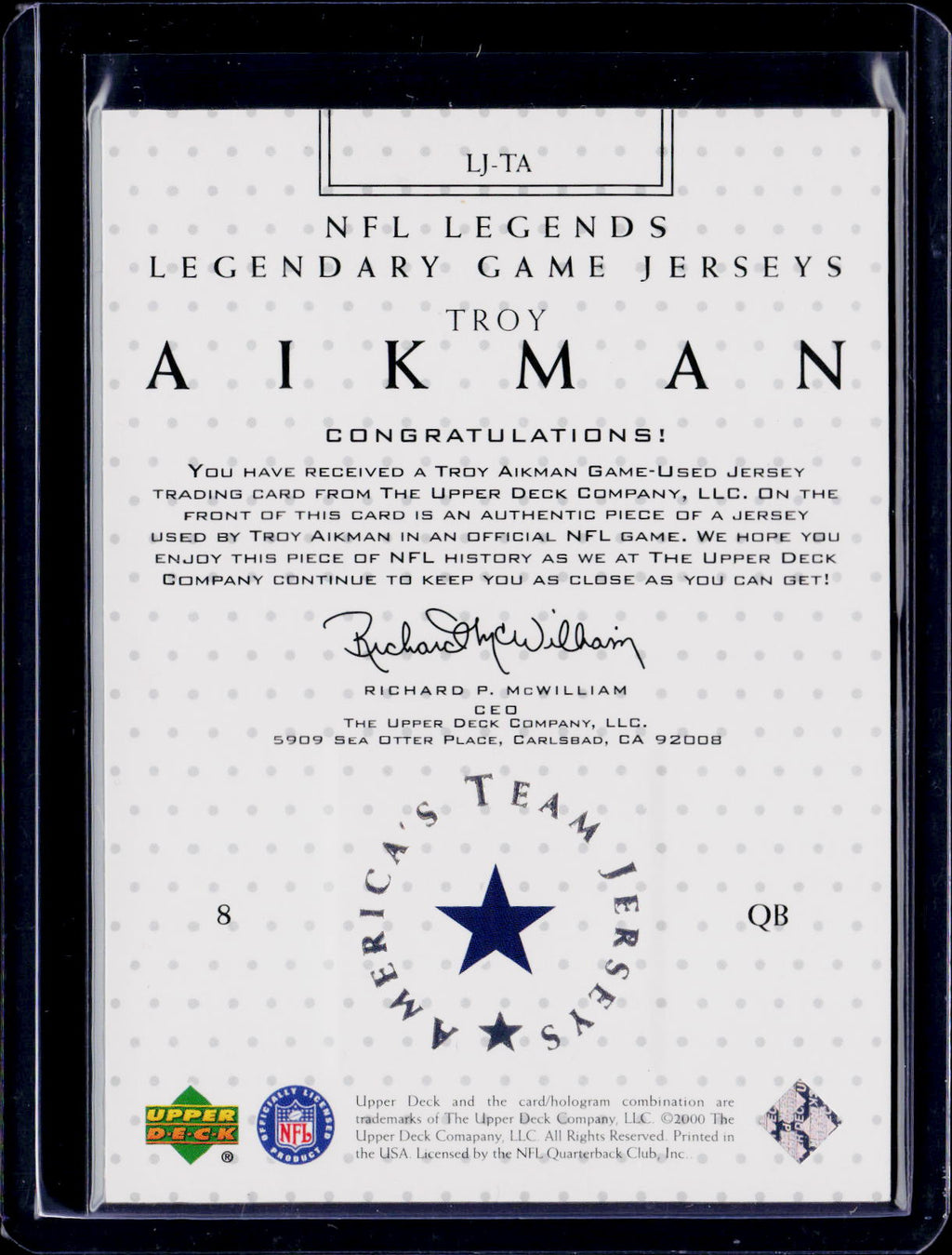2000 Upper Deck Troy Aikman Legendary Jersey