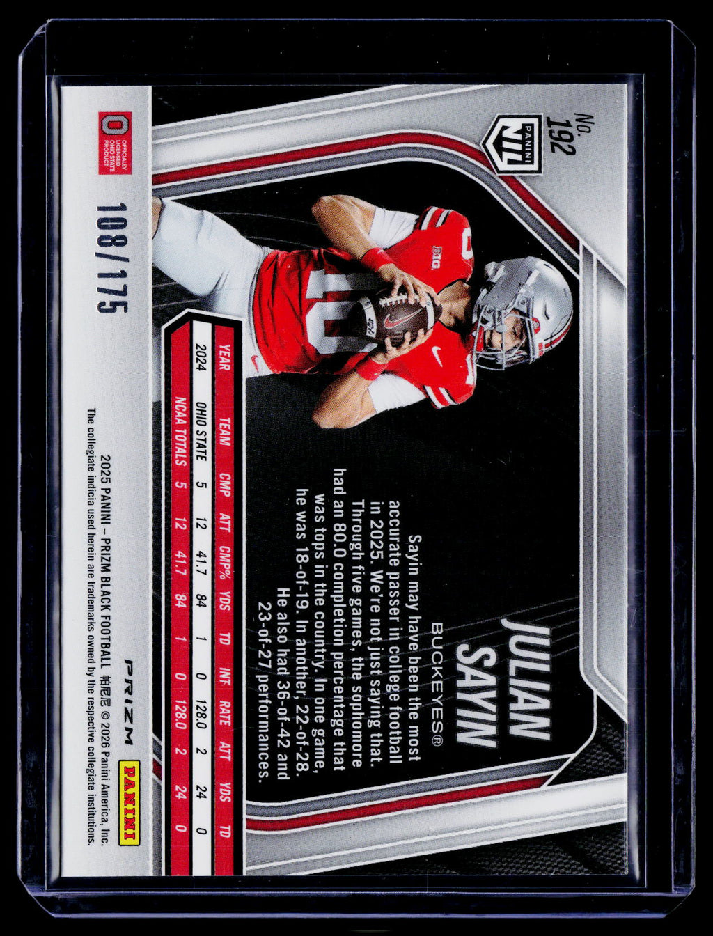 2025 Prizm Black Julian Sayin White Prizm 108/175