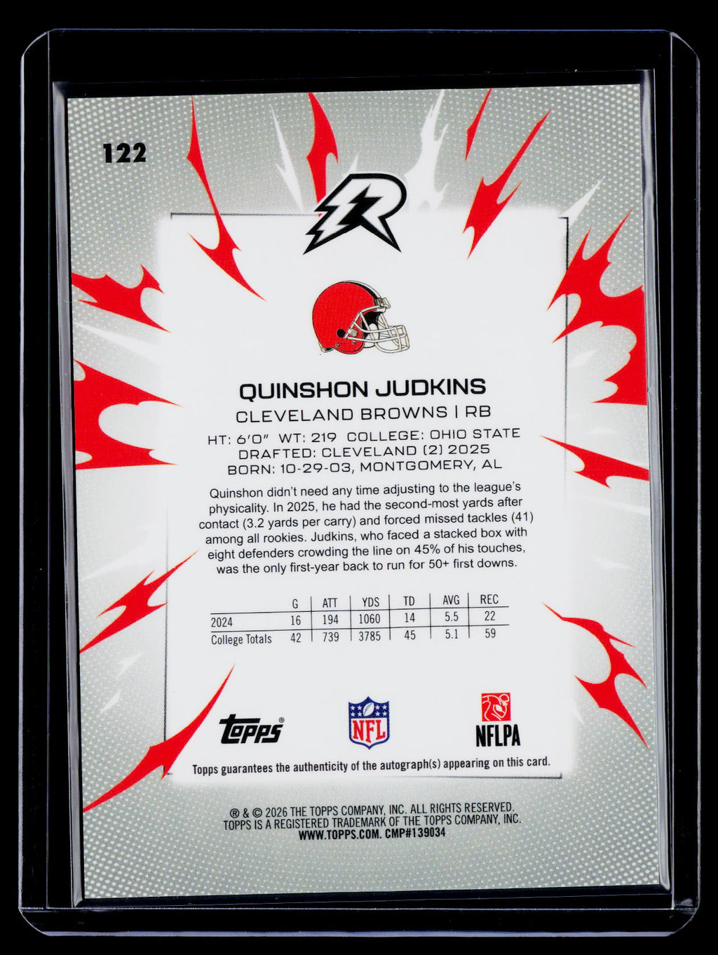 2025 Topps Resurgence Quinshon Judkins Rookie Gold Static Auto 31/50 RC