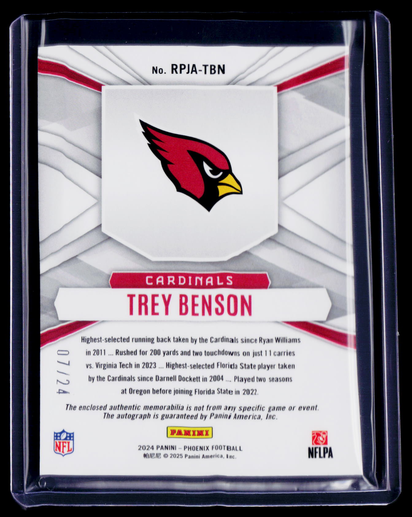2024 Phoenix Trey Benson Rookie Patch Auto RPA 7/24 RC