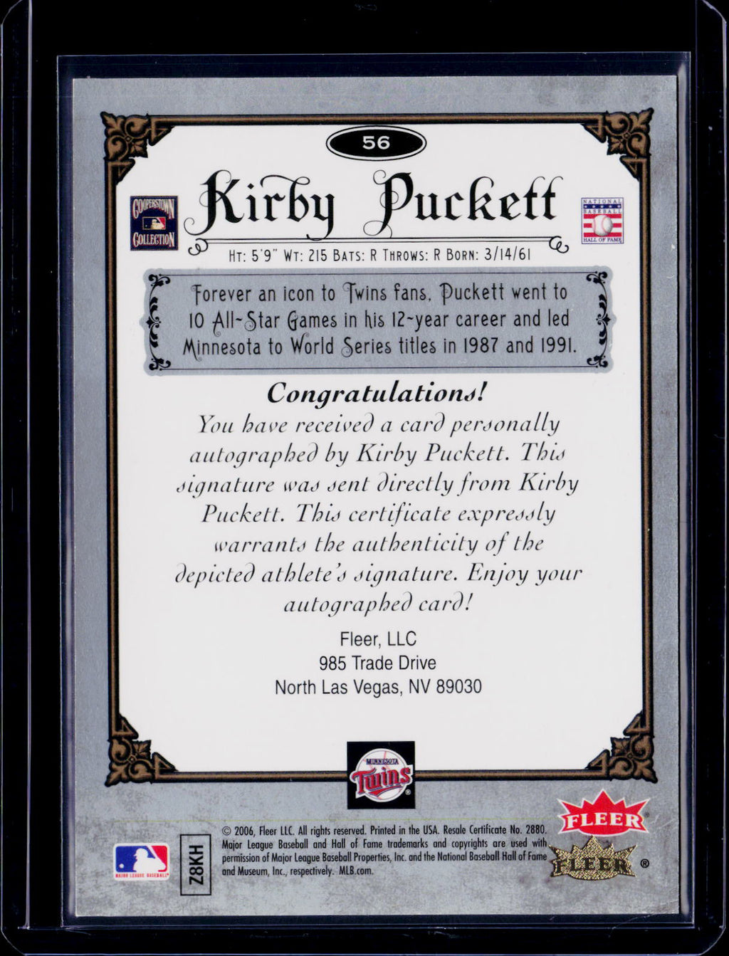 2006 Fleer Kirby Puckett Greats of the Game Auto
