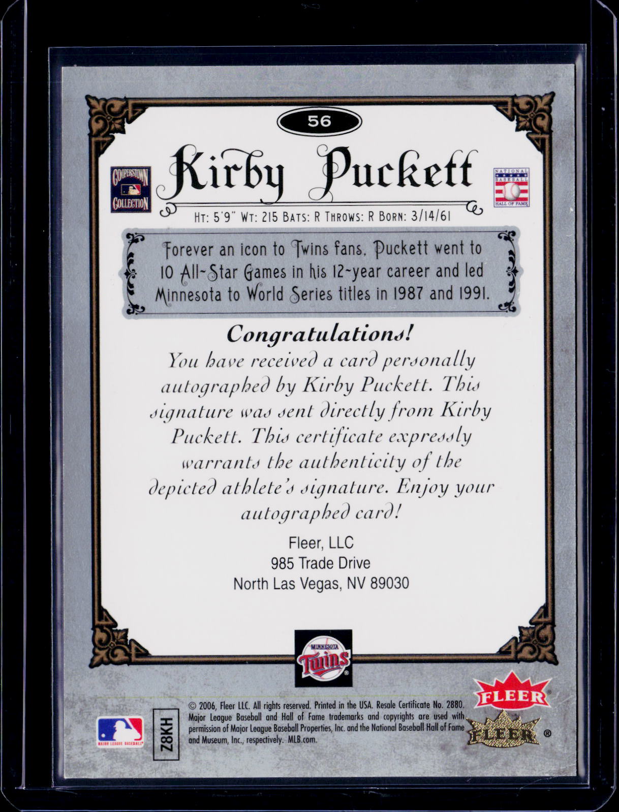 2006 Fleer Kirby Puckett Greats of the Game Auto