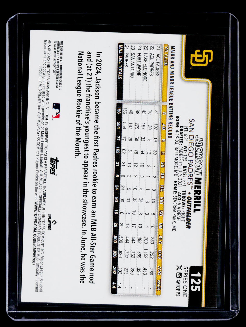 2025 Topps Series 1 Jackson Merrill Real One Auto