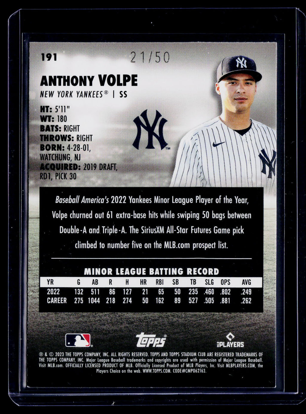 2023 Topps Stadium Club Anthony Volpe Rookie Blue Foil 21/50 RC