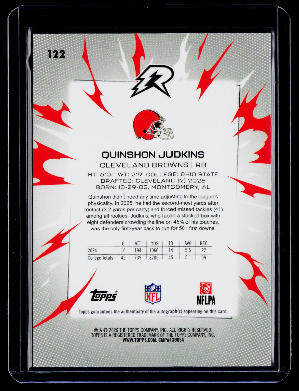 2025 Topps Resurgence Quinshon Judkins Rookie White Surge Auto 13/125 RC