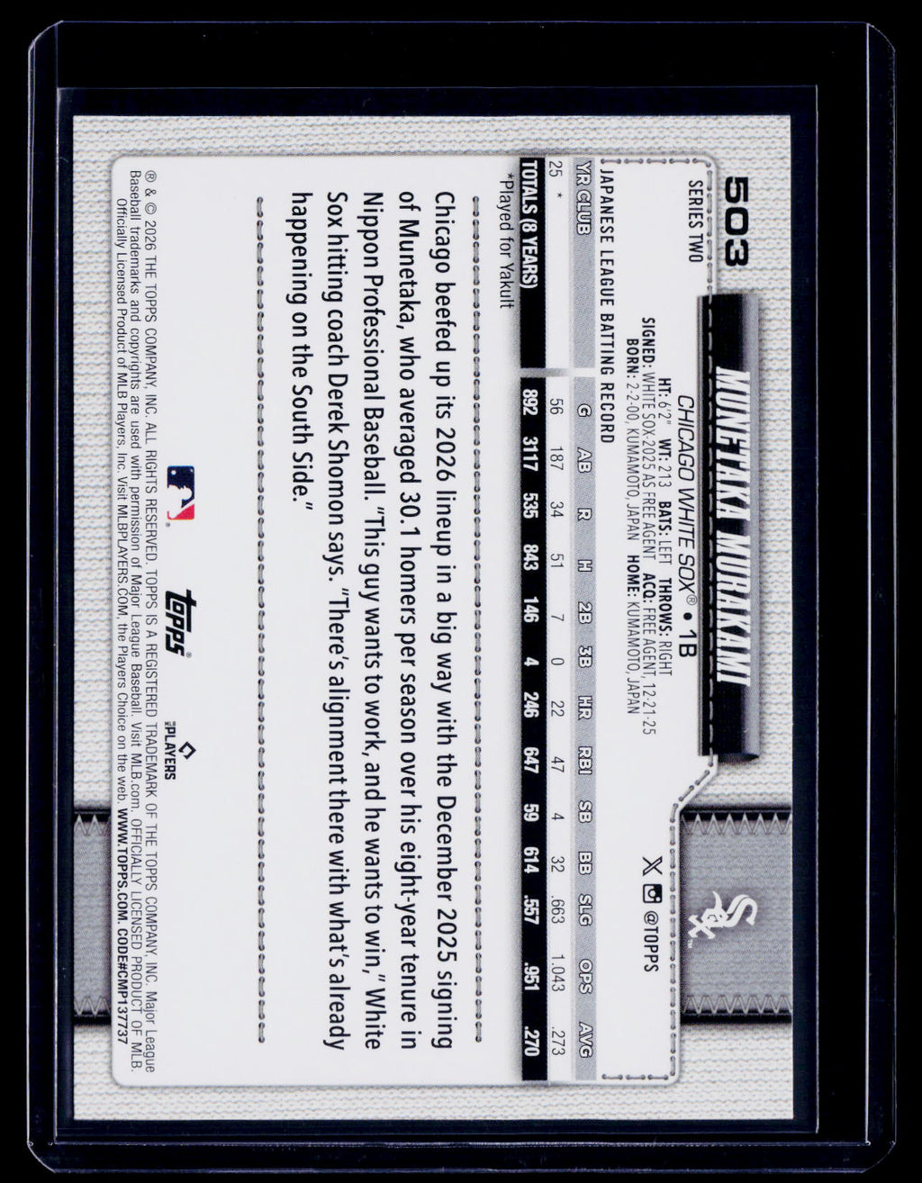 2026 Topps Series 1 Munetaka Murakami Rookie Team Border RC