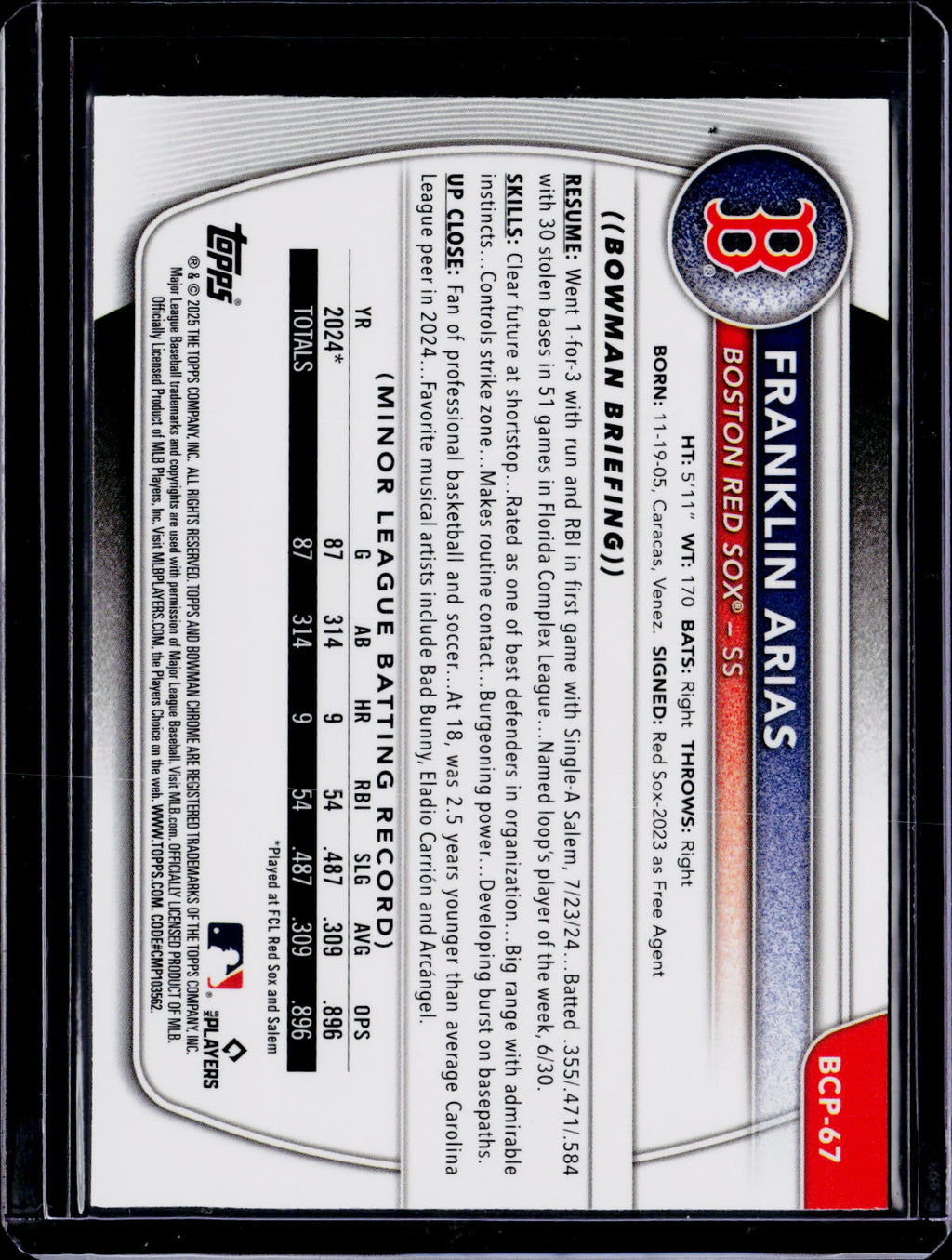2025 Bowman Chrome Franklin Arias Mega Green Refractor 29/99