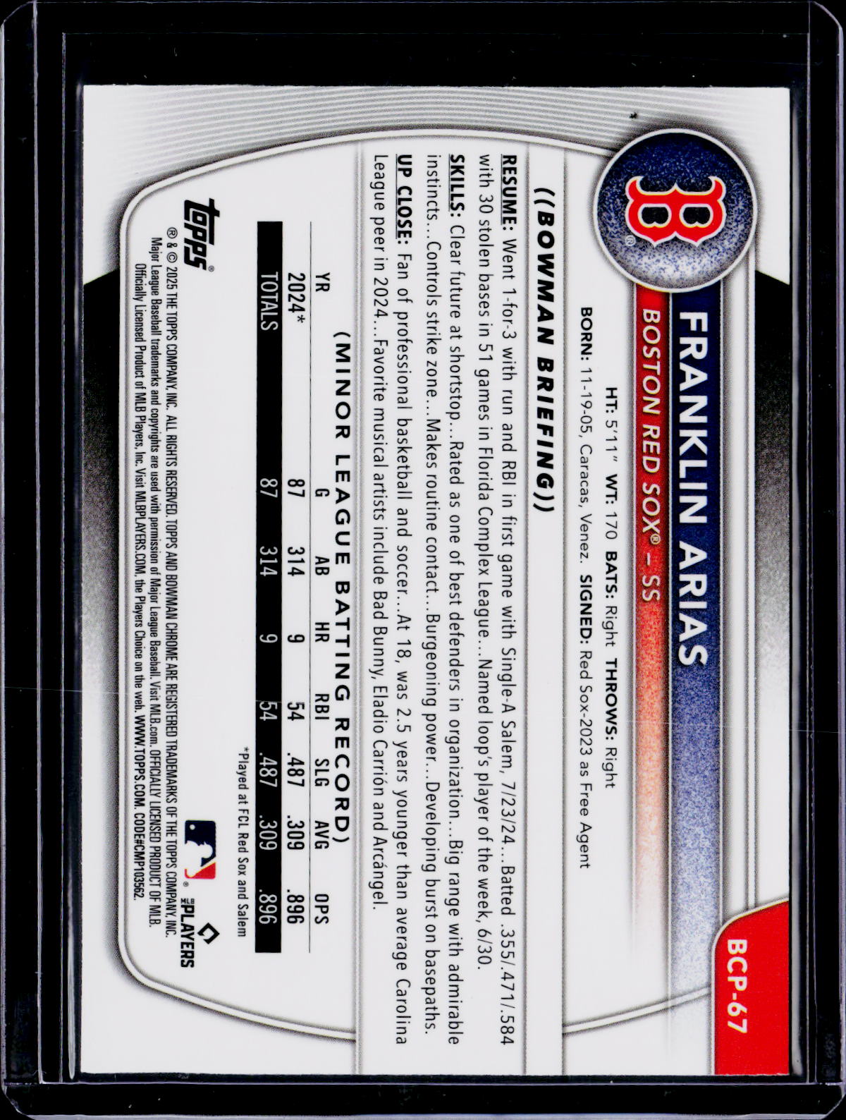 2025 Bowman Chrome Franklin Arias Mega Green Refractor 29/99