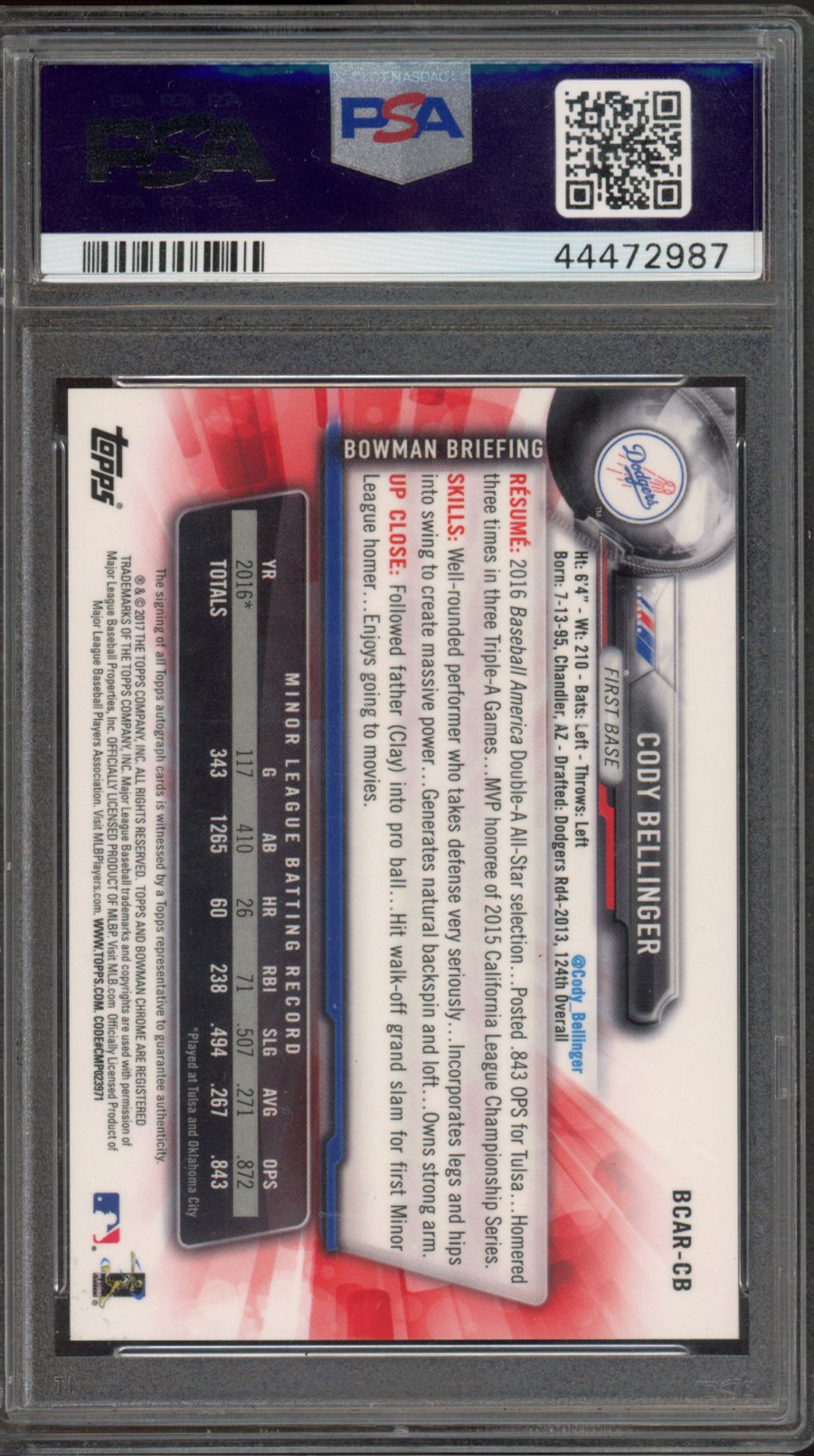 2017 Bowman Chrome Cody Bellinger Autograph Rookies PSA 10