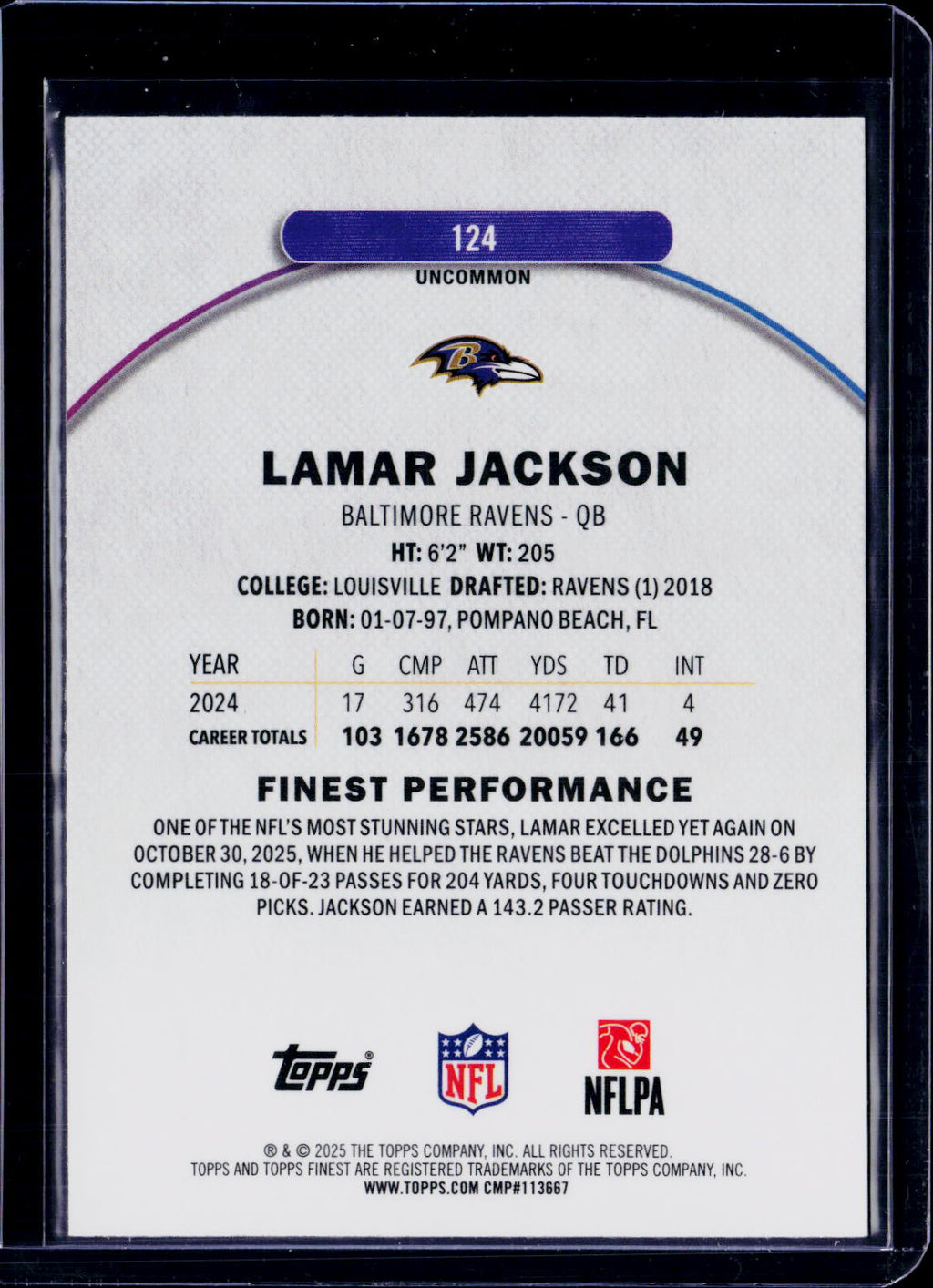 2025 Topps Finest Lamar Jackson Blue Uncommon Refractor /150