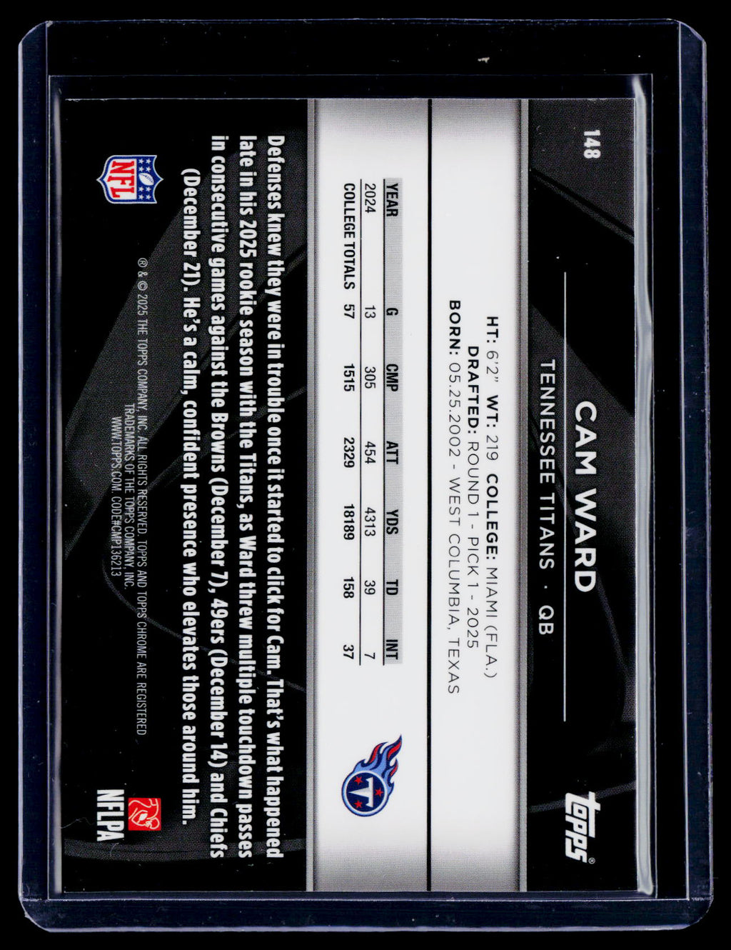 2025 Topps Chrome Black Cam Ward Rookie Purple Mini Diamond 31/75 RC