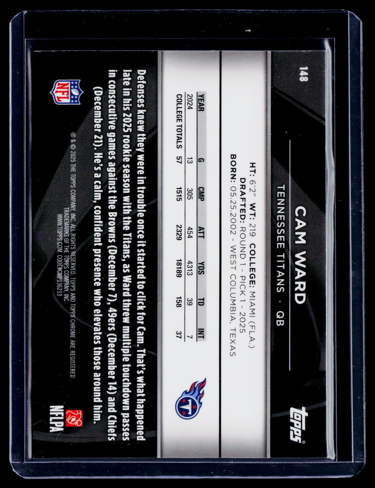 2025 Topps Chrome Black Cam Ward Rookie Purple Mini Diamond 31/75 RC