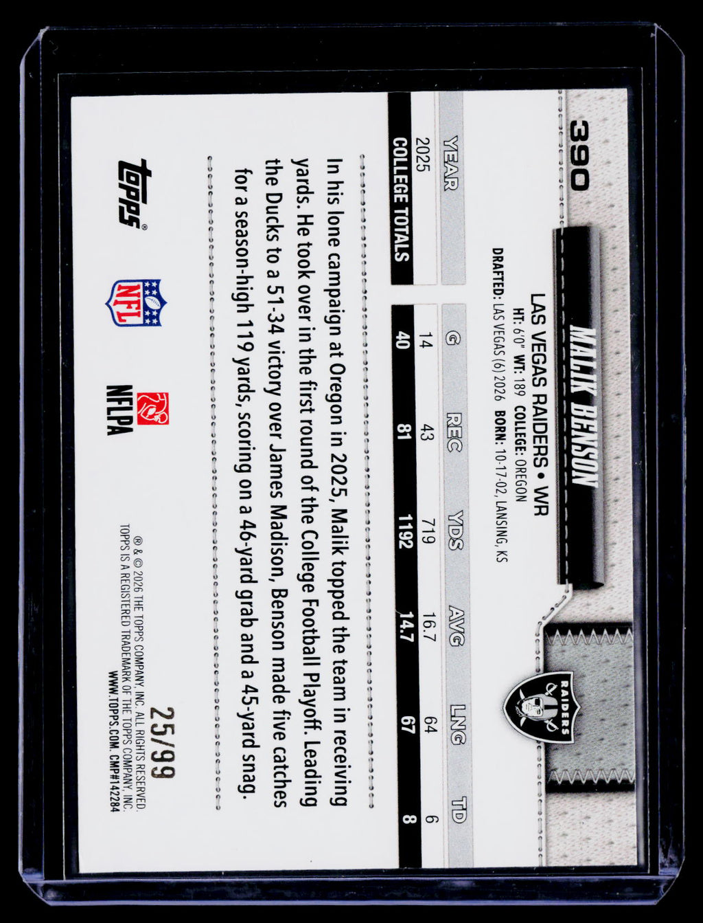 2026 Topps Flagship Malik Benson Rookie Green Foil 25/99 RC