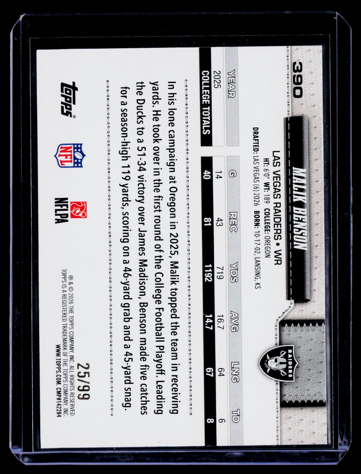 2026 Topps Flagship Malik Benson Rookie Green Foil 25/99 RC