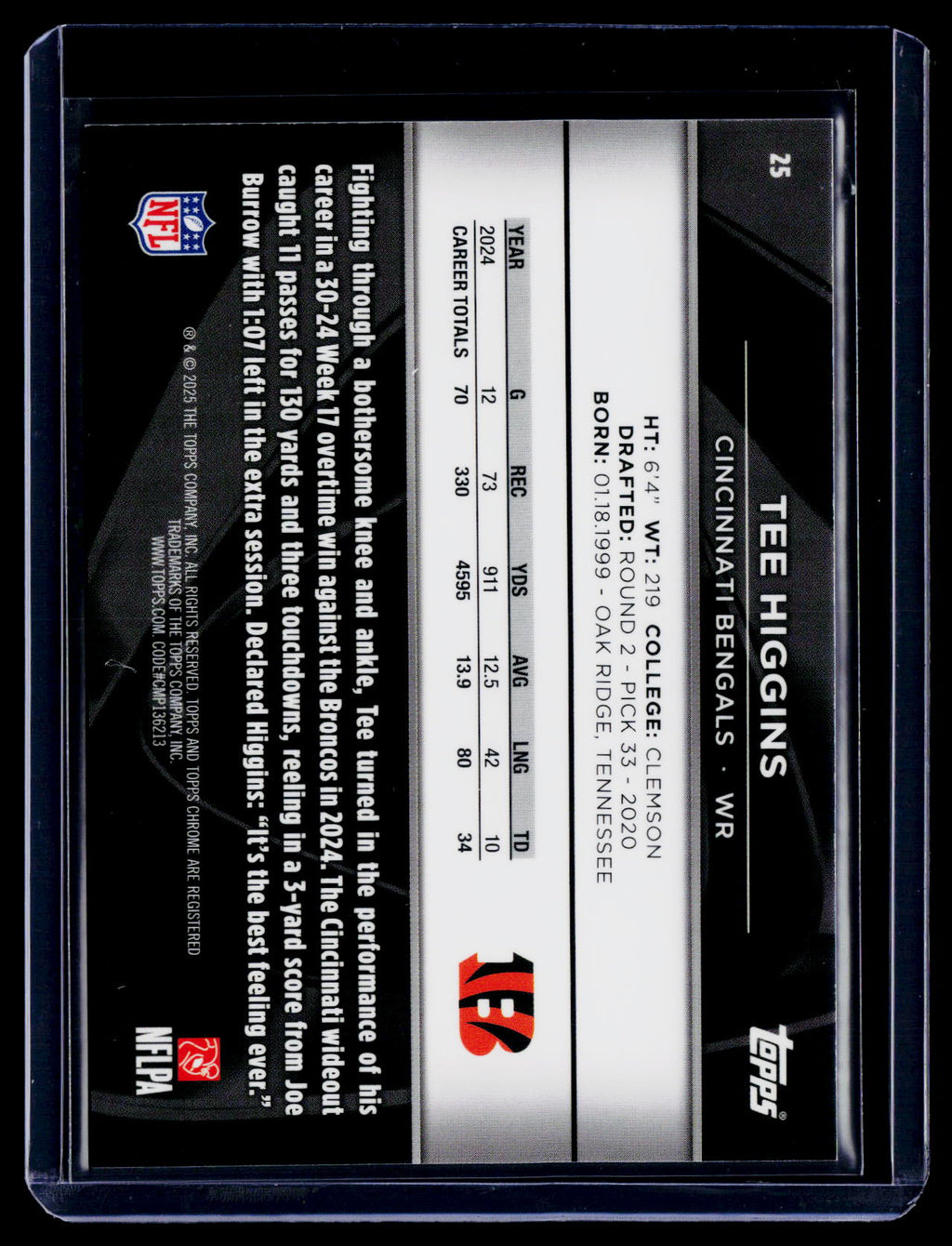 2025 Topps Chrome Black Tee Higgins Green Refractor 89/99