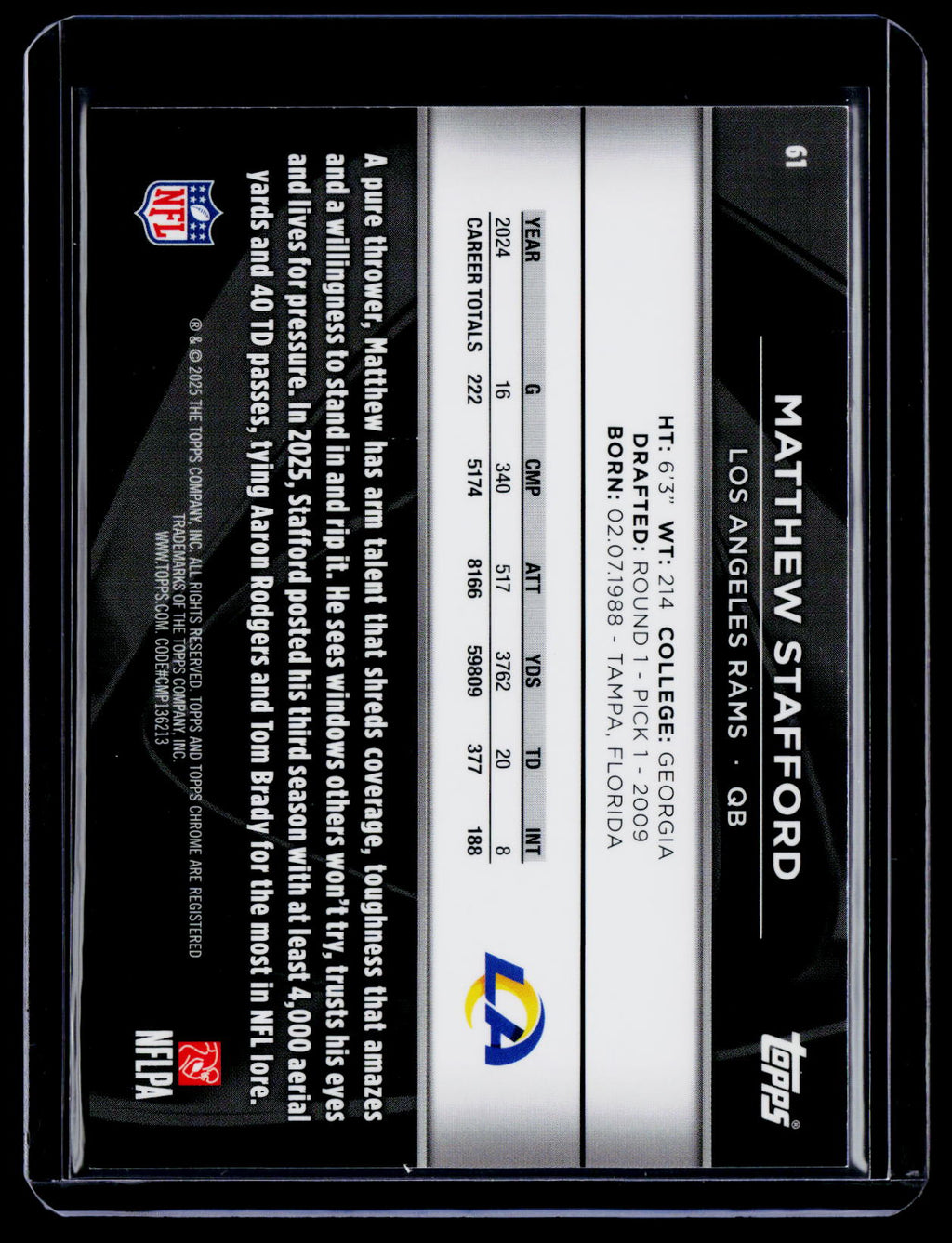 2025 Topps Chrome Black Matthew Stafford Purple Mini Diamond 68/75