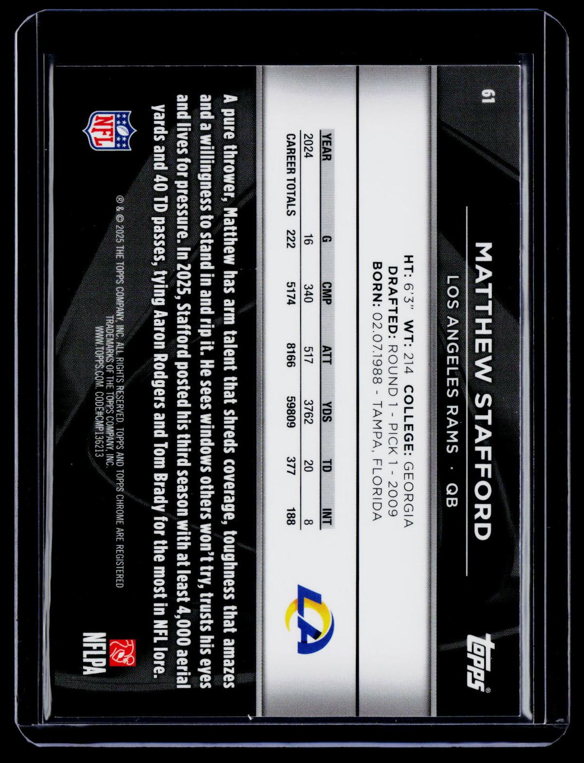 2025 Topps Chrome Black Matthew Stafford Purple Mini Diamond 68/75