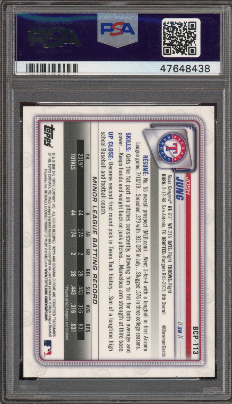 2020 Bowman Chrome Josh Jung Mega Box Gold Refractor 6/50 PSA 10