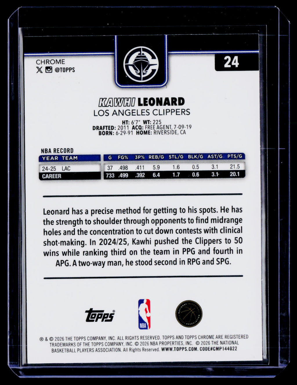 2025 Topps Chrome Update Kawhi Leonard Purple Ray Wave 75/75