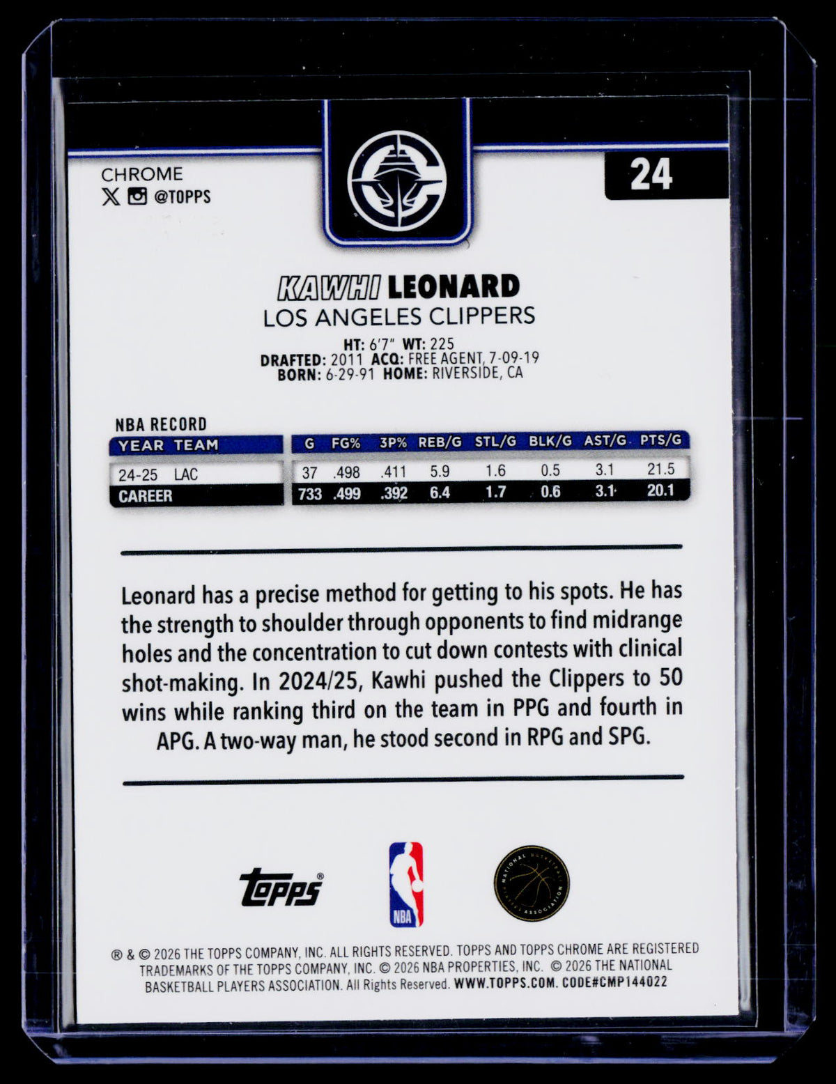 2025 Topps Chrome Update Kawhi Leonard Purple Ray Wave 75/75