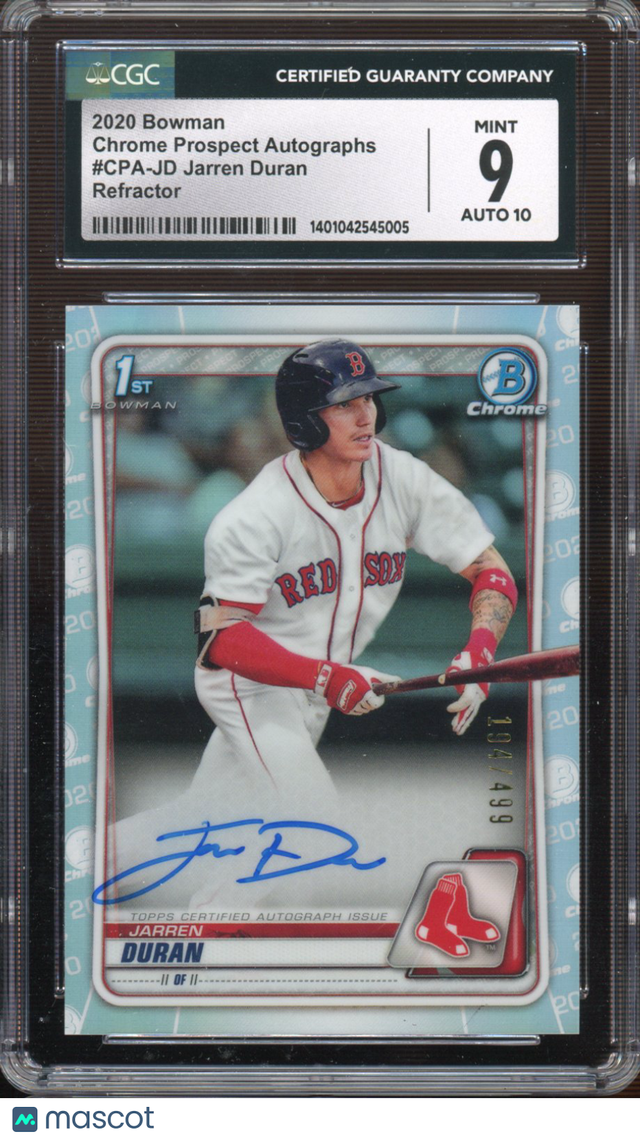 2020 Bowman Jarren Duran Chrome Prospects Refractor Auto 194/499 CGC 9 Auto 10