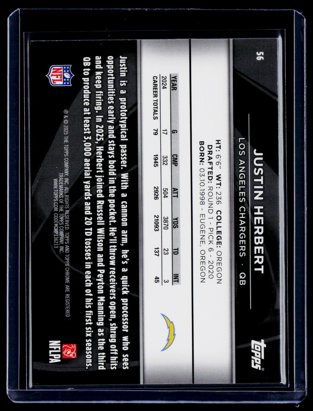 2025 Topps Chrome Black Justin Herbert Green Wave Refractor 54/99