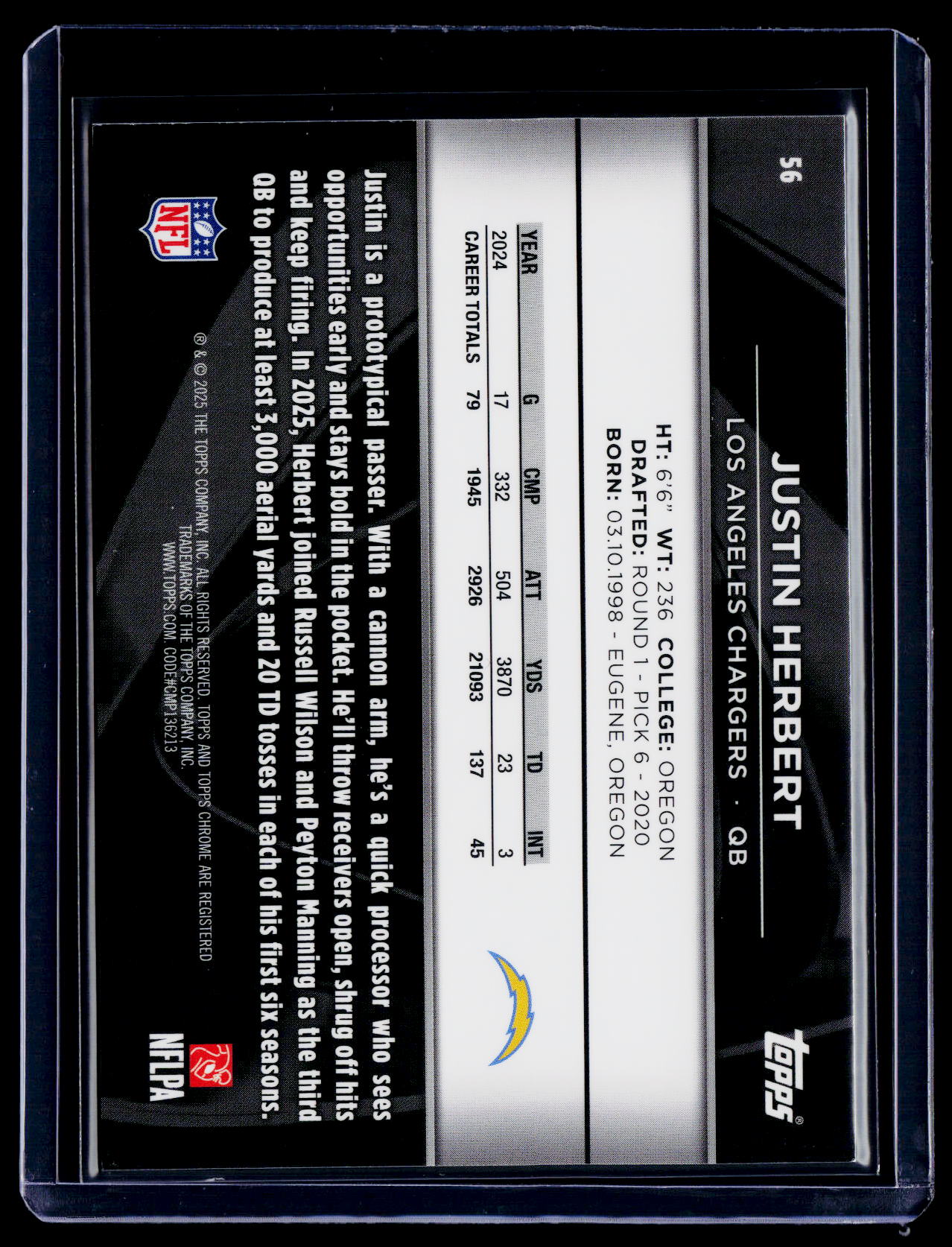 2025 Topps Chrome Black Justin Herbert Green Wave Refractor 54/99