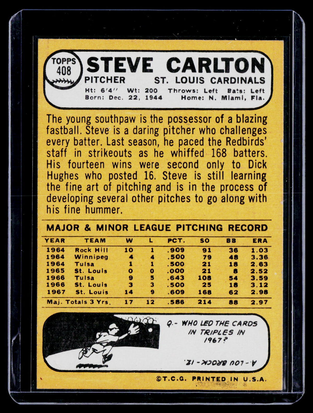 1968 Topps Steve Carlton 408 Poor Condition