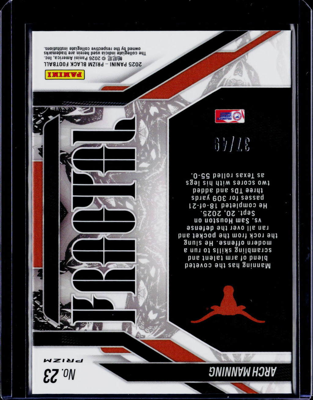 2025 Panini Prizm Black Arch Manning Fractal Orange 37/49
