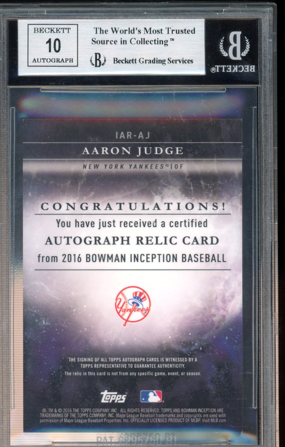 2016 Bowman Inception Aaron Judge Patch Auto BGS 9 Auto 10