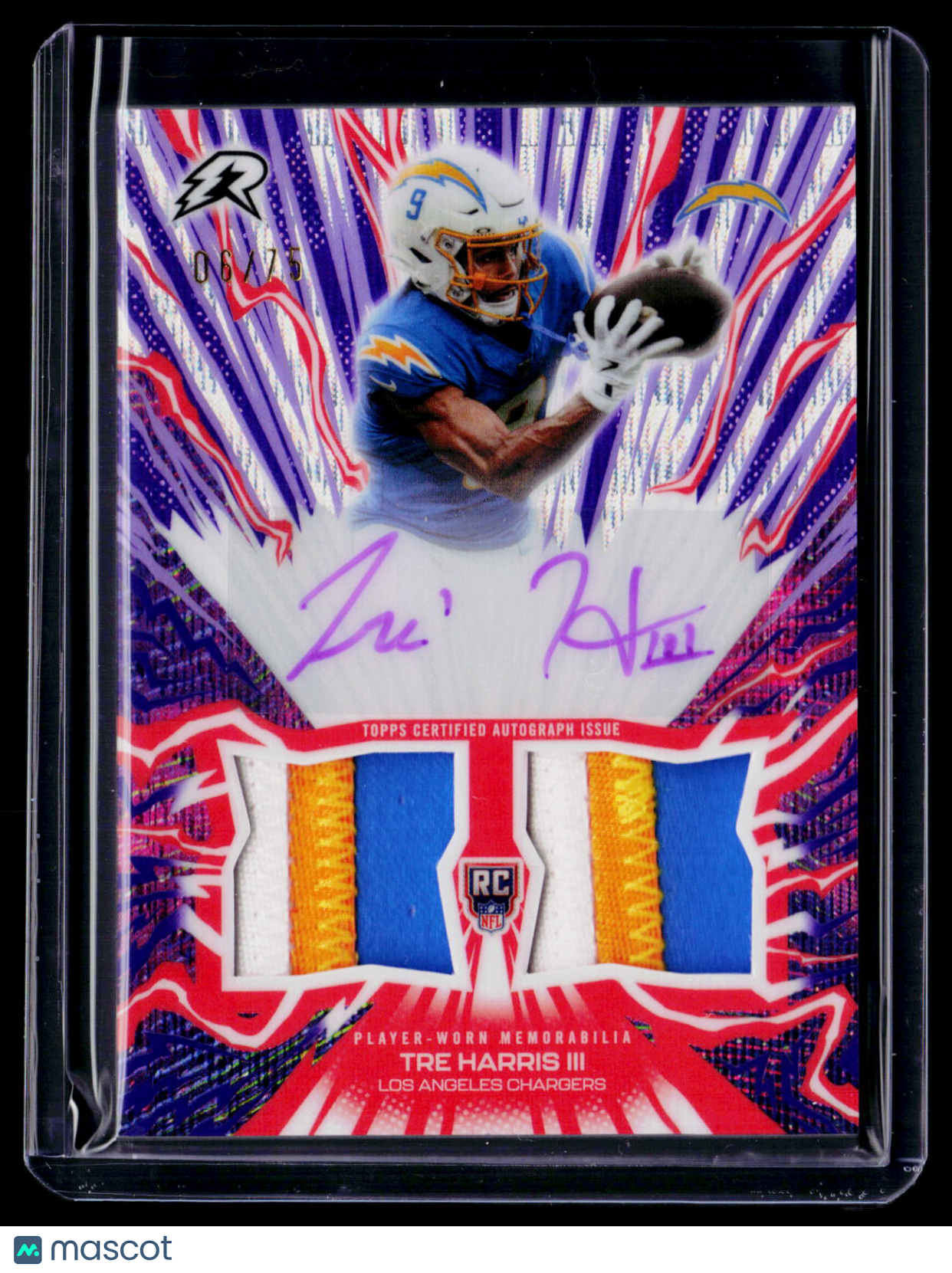2025 Topps Resurgence Tre Harris III Rookie Purple Power Surge Rookie Patch Auto RPA 6/75 RC