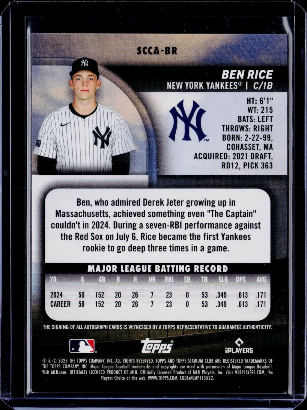 2025 Topps Stadium Club Ben Rice Chrome Autograph